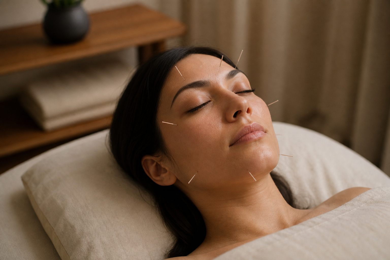 Facial acupuncture with fine needles on the face and jaw
